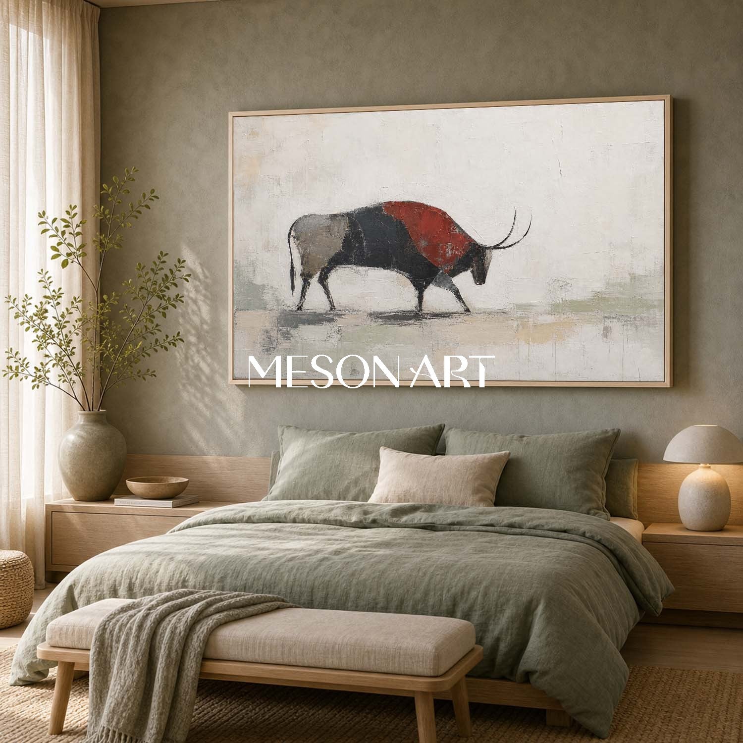 Minimalist Abstract Bison Painting In Beige And Black For Modern Living Room Wall Decor