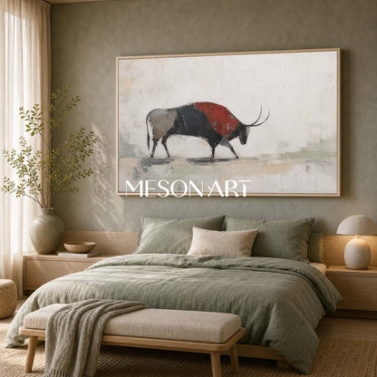 Minimalist Abstract Bison Painting In Beige And Black For Modern Living Room Wall Decor