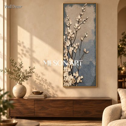 Blue And Cream Floral Impasto Art Panoramic Canvas Original Artist Living Room Wall Decor By Mesonart