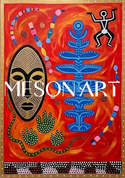 Vibrant Abstract Ethnic Painting With Bold Colors For Modern Living Room Wall Decor