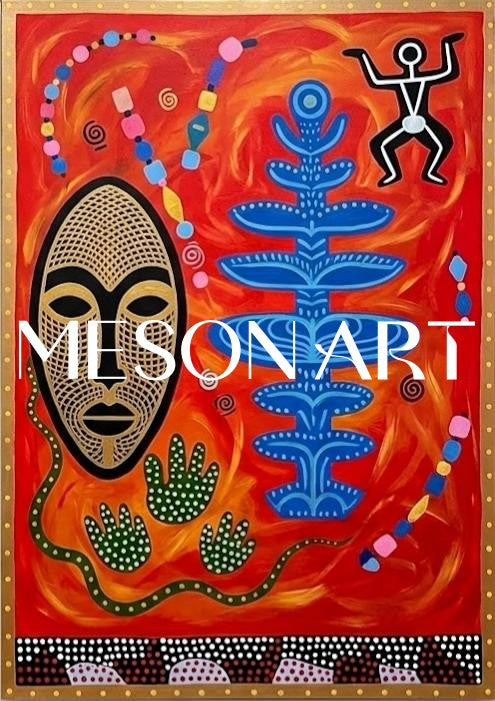 Vibrant Abstract Ethnic Painting With Bold Colors For Modern Living Room Wall Decor