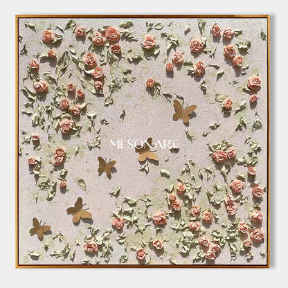 Pink And Green Textured Botanical Painting Original Hand Painted Square Wall Art By Mesonart