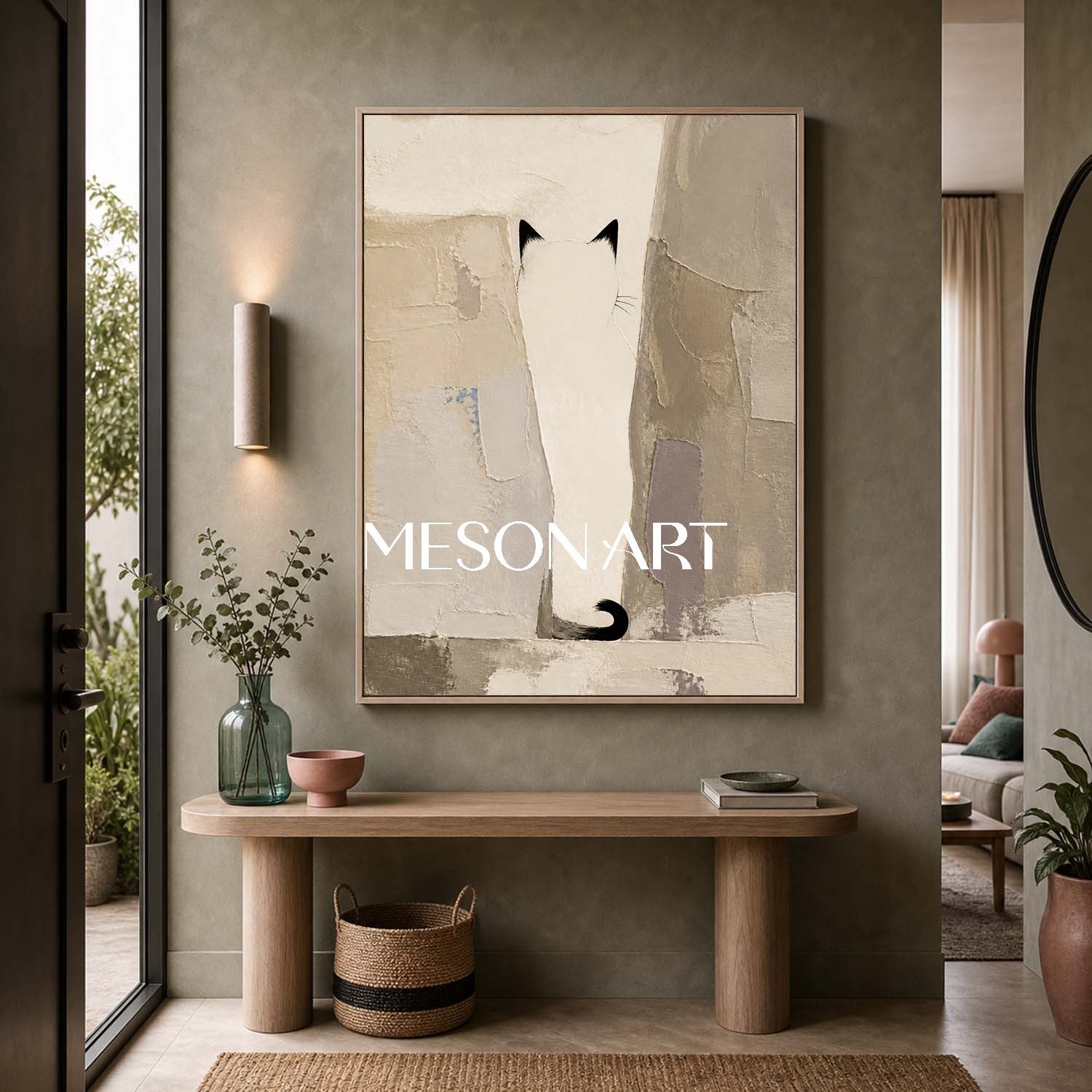Minimalist Cat Abstract Art With Textured Beige And Black Tones For Contemporary Home Decor