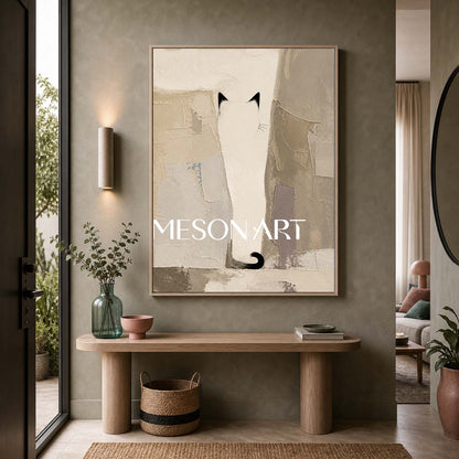 Minimalist Cat Abstract Art With Textured Beige And Black Tones For Contemporary Home Decor
