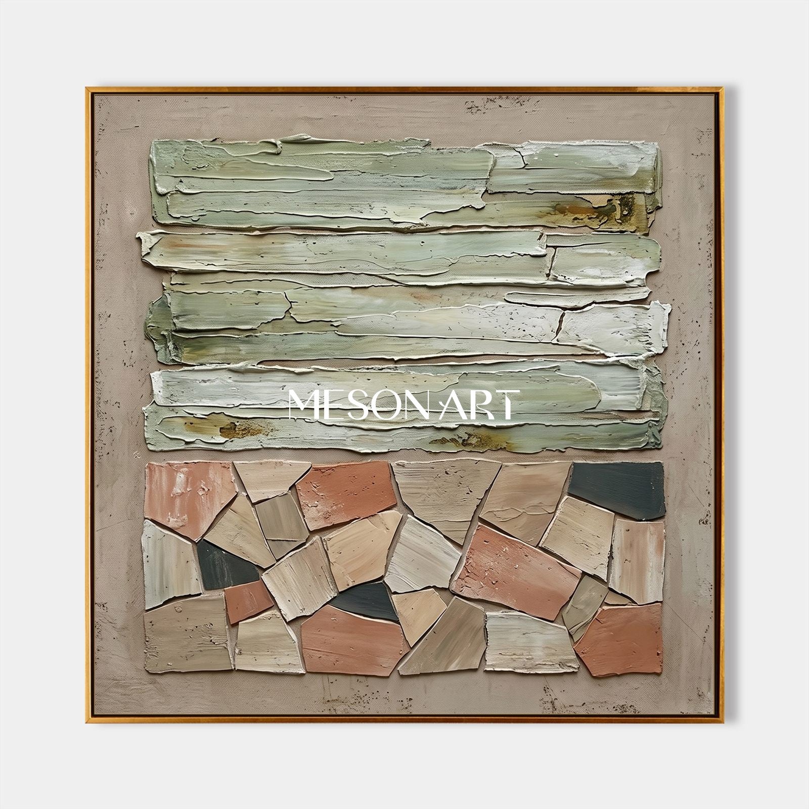 Natural Beige Plaster Texture Art With Gold Frame For Modern Living Room Decor