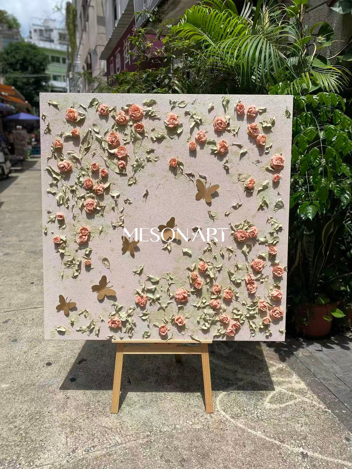 Pink And Green Textured Botanical Painting Original Hand Painted Square Wall Art By Mesonart
