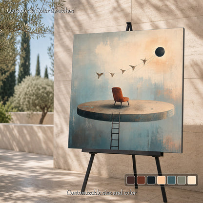 Surrealist Abstract Painting With Floating Chair For Modern Living Room Decor