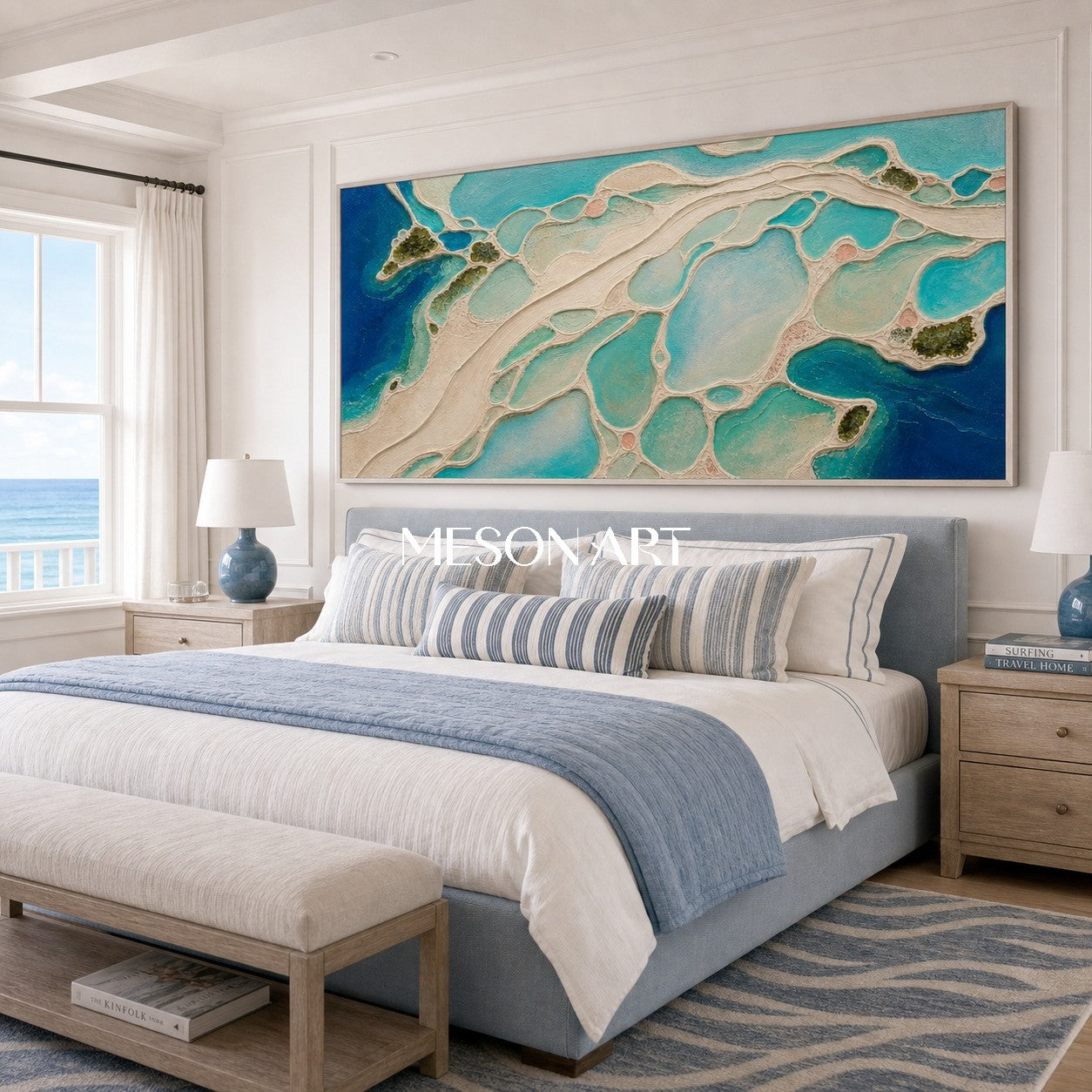Abstract Coastal Lagoon Art With Fluid Textures For Modern Living Room Decor