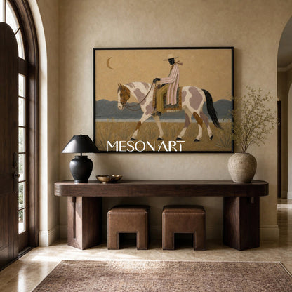 Moonlit Cowboy Horse Painting Textured Western Art For Living Room Decor