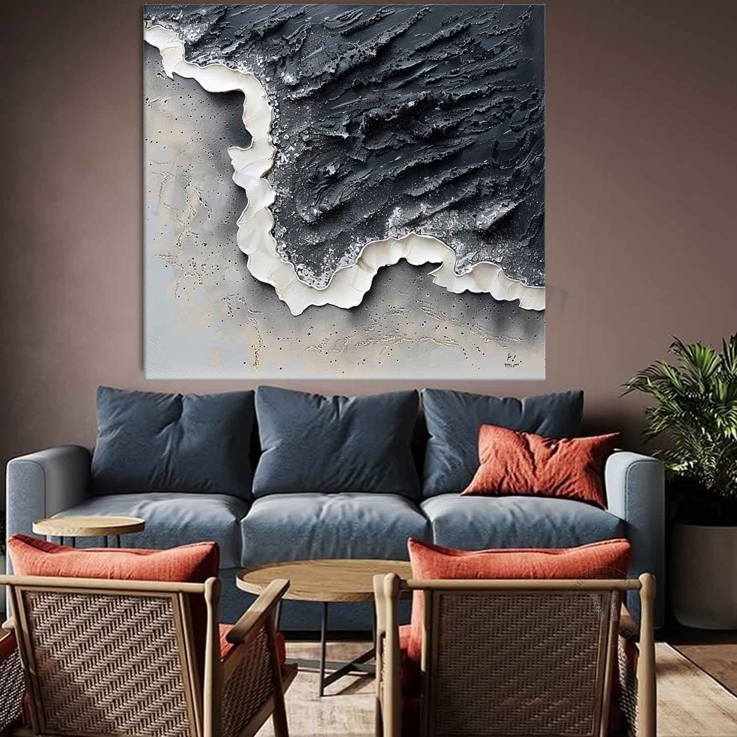 3D Black and White Wave Art Black and White Abstract Textured Canvas Wall Painting