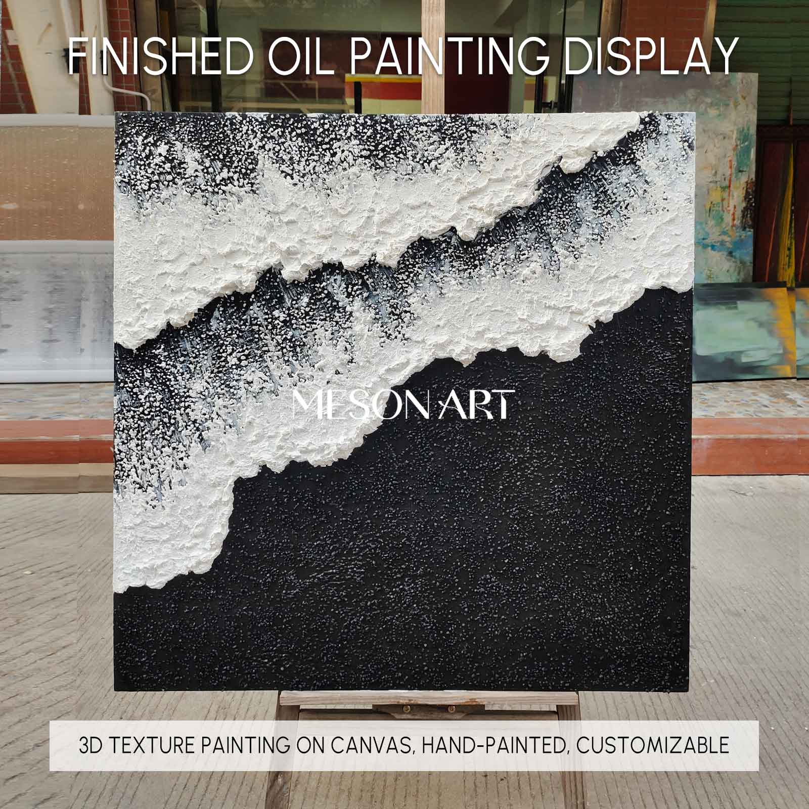 Black and White Beach Ocean Waves Plaster Canvas Art Textured Acrylic Painting Minimalist Art