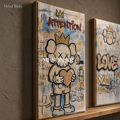 Large Beige Kaws Original Artwork Set With Gold Crown And Heart Motifs For Modern Living Room Decor