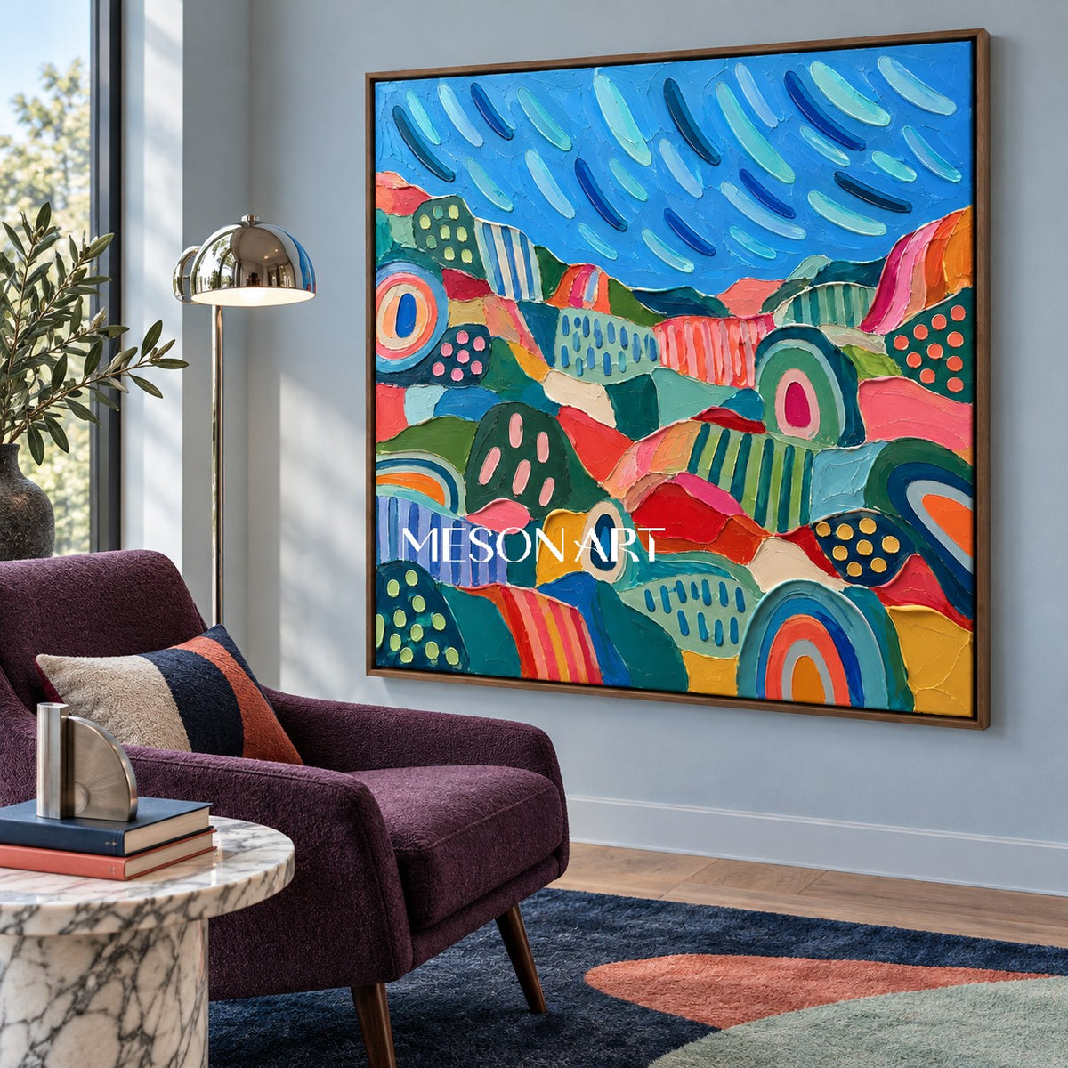 Blue And Green Abstract Landscape Painting Square Wall Art For Living Room By Mesonart