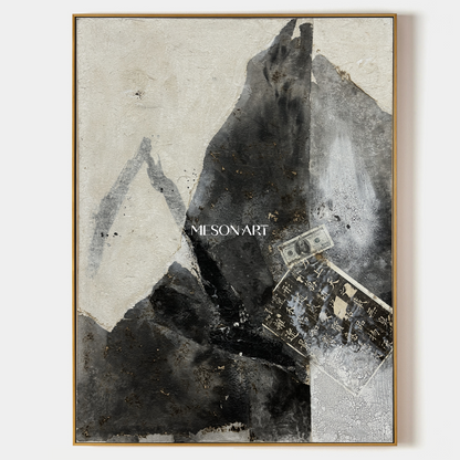 Black And White Abstract Art Original Artist Hand Painted Mixed Media Textured Painting Rectangular Wall Art For Living Room By Mesonart