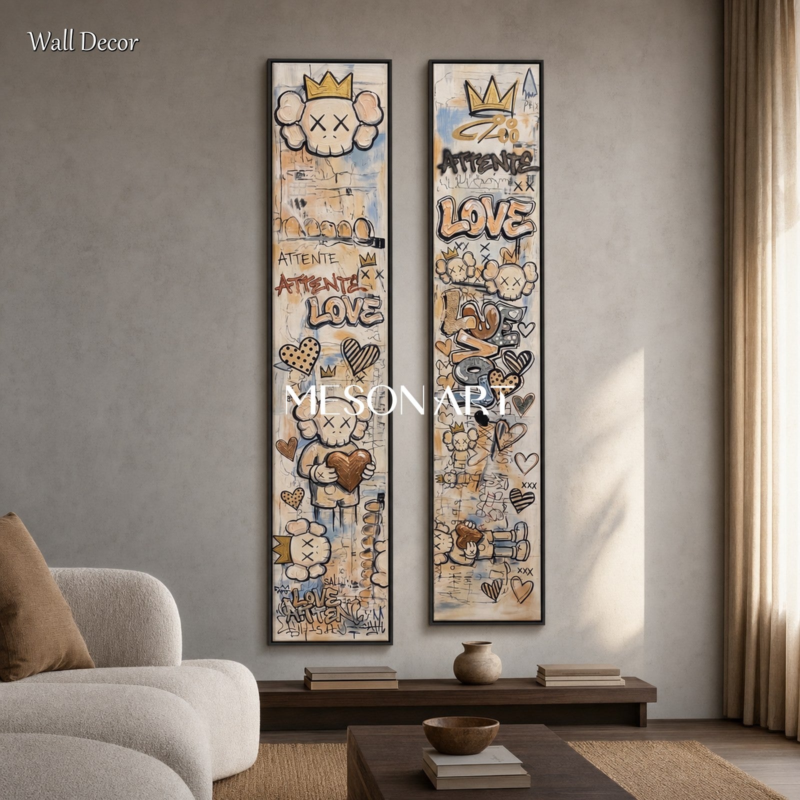 Bold Pop Art Diptych With Graffiti And Gold Accents For Modern Living Room