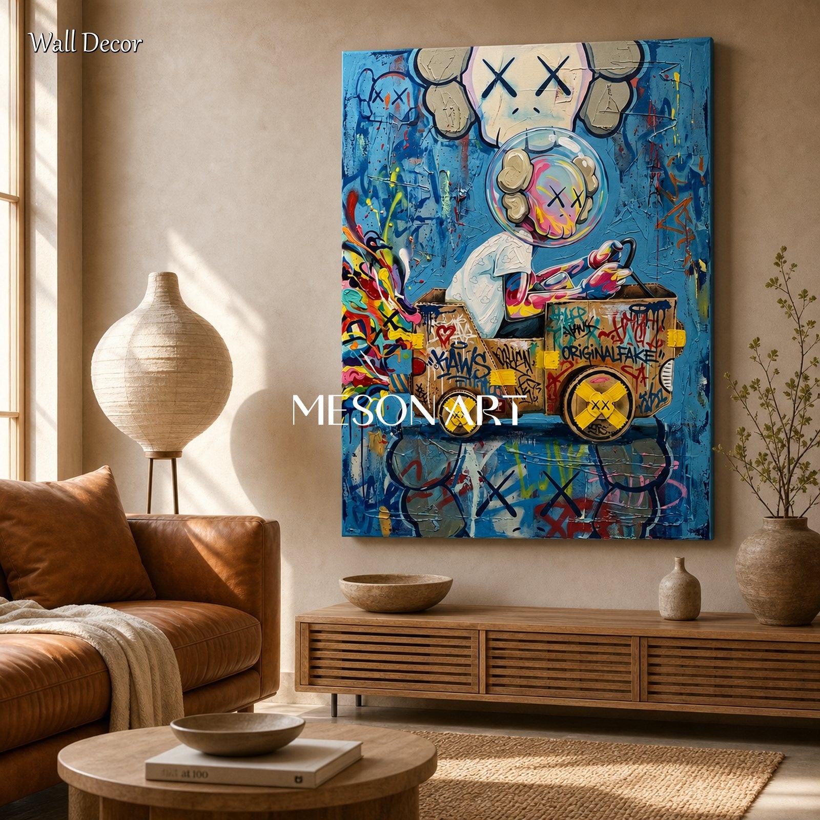 Bold Graffiti Art Painting With Pop Culture Icons For Modern Living Room Decor