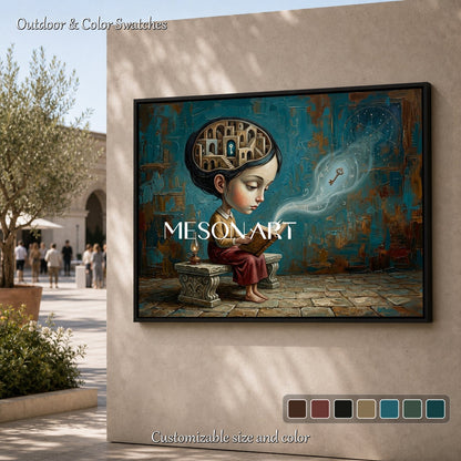 Surrealist Girl Reading Painting For Home Office Wall Art With Blue And Brown Tones