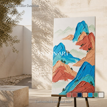 Blue And Orange Mountain Landscape Art Contemporary Impasto Painting Hand Painted By Artist Panoramic Wall Decor For Living Room By Mesonart