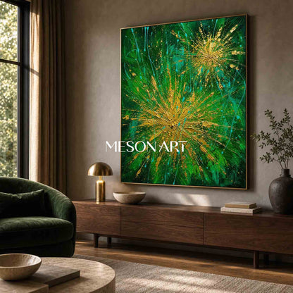 Green And Gold Abstract Painting With Textured Relief And Metallic Accents For Modern Living Room