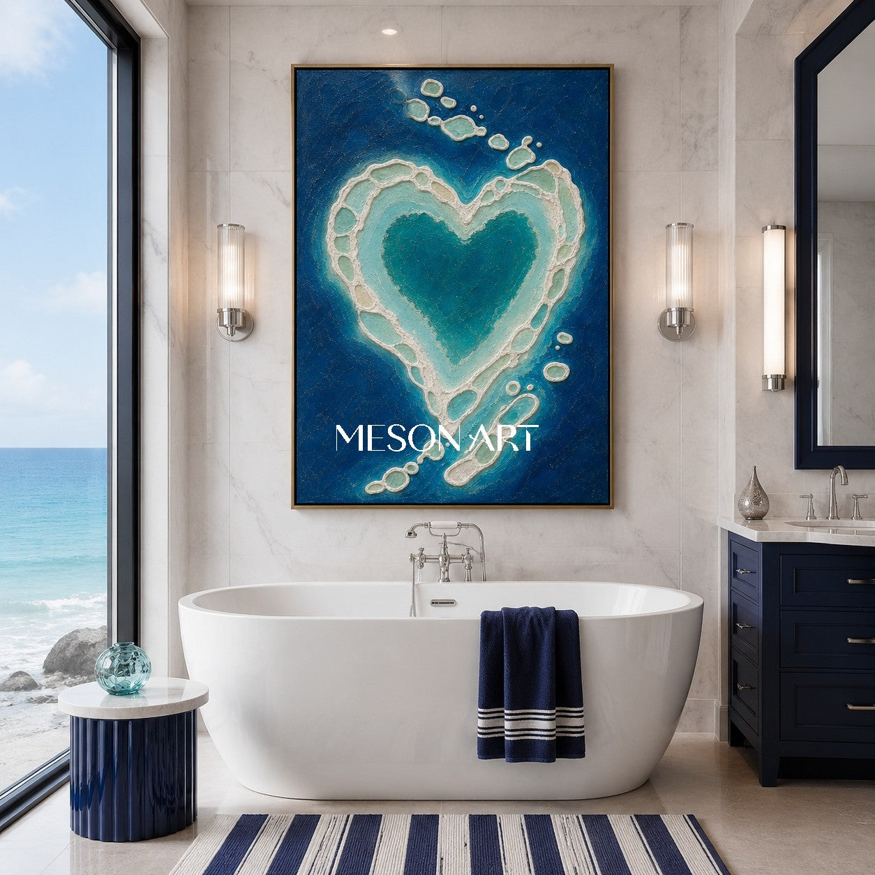 Turquoise Heart Abstract Painting With Plaster Texture For Romantic Bedroom Wall Art