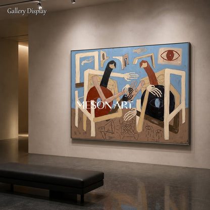 Blue And Brown Abstract Expressionist Figurative Painting Rectangular Wall Art For Living Room By Mesonart
