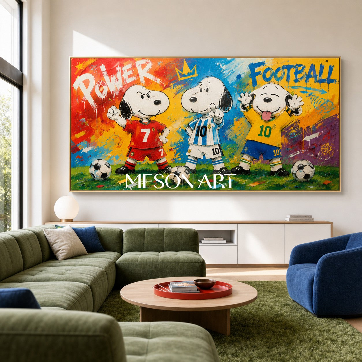 Vibrant Graffiti Football Art With Cartoon Dogs For Modern Living Room