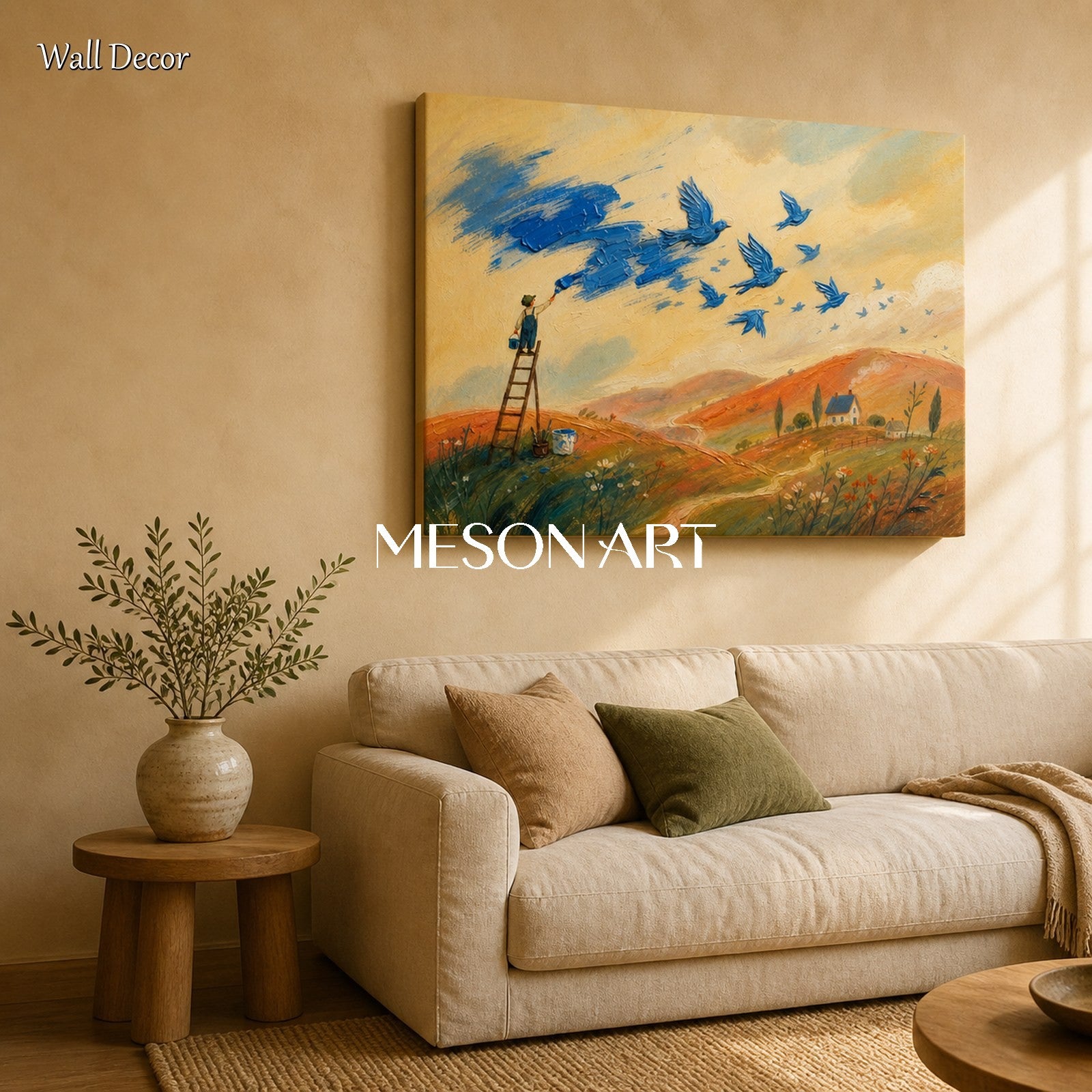 Blue And Beige Surreal Landscape Painting With Birds And Painter Rectangular Wall Art For Living Room By Mesonart