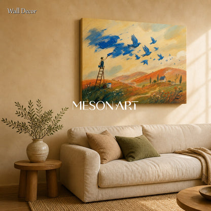Blue And Beige Surreal Landscape Painting With Birds And Painter Rectangular Wall Art For Living Room By Mesonart