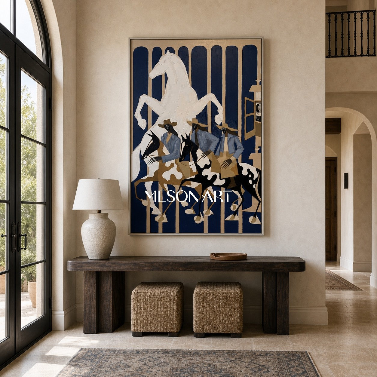 Surreal Cowboy Horse Painting With Textured Relief For Modern Living Room Decor