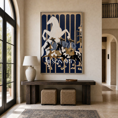 Surreal Cowboy Horse Painting With Textured Relief For Modern Living Room Decor