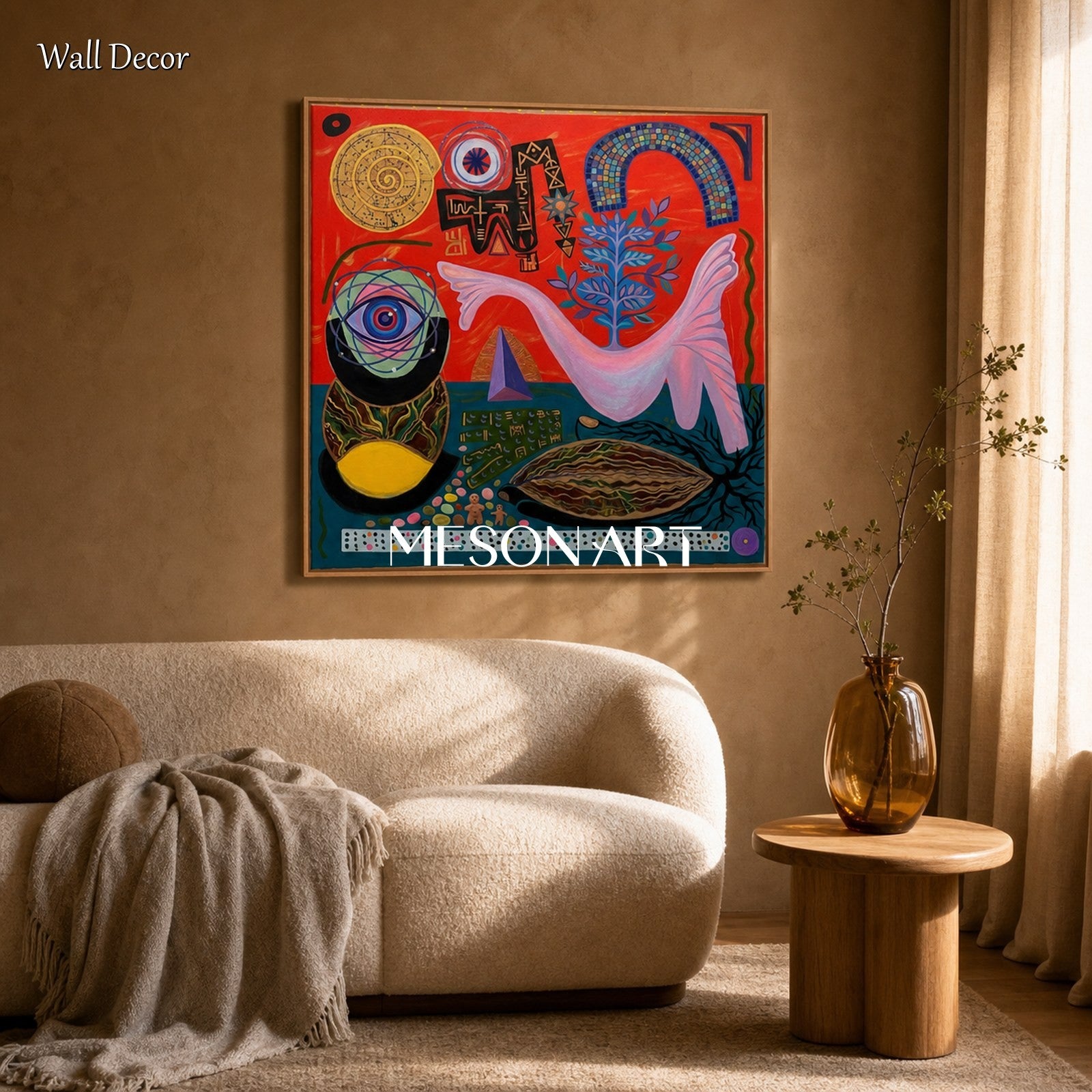 Abstract Surrealist Painting With Bold Red Blue Hues For Eclectic Living Room Decor