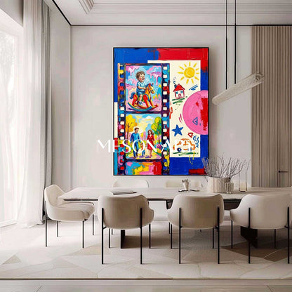 Vibrant Family Portrait Pop Art Painting With Film Strip Design For Kids Room Decor