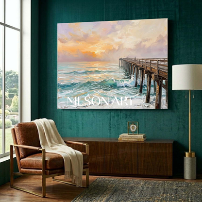 Luxury Golden Sunset Ocean Painting With Wooden Pier For Coastal Living Room Decor