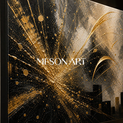 Abstract Black Gold City Painting With Metallic Texture For Modern Living Room Decor