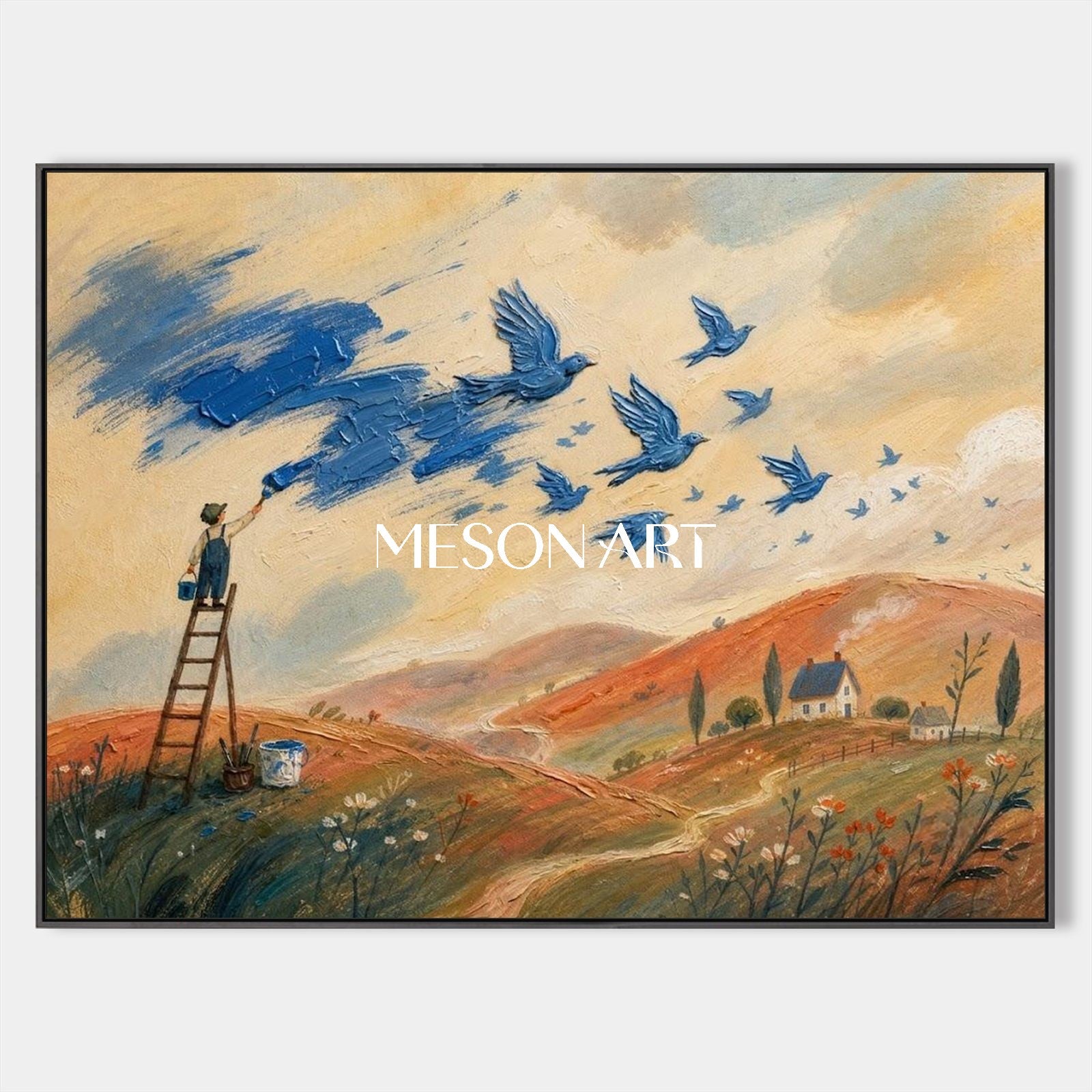 Blue And Beige Surreal Landscape Painting With Birds And Painter Rectangular Wall Art For Living Room By Mesonart