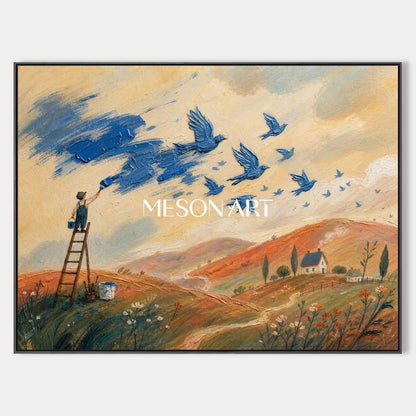 Blue And Beige Surreal Landscape Painting With Birds And Painter Rectangular Wall Art For Living Room By Mesonart