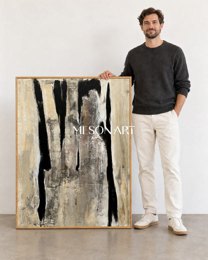 Black And Beige Abstract Painting Original Artist Rectangular Wall Art For Living Room By Mesonart