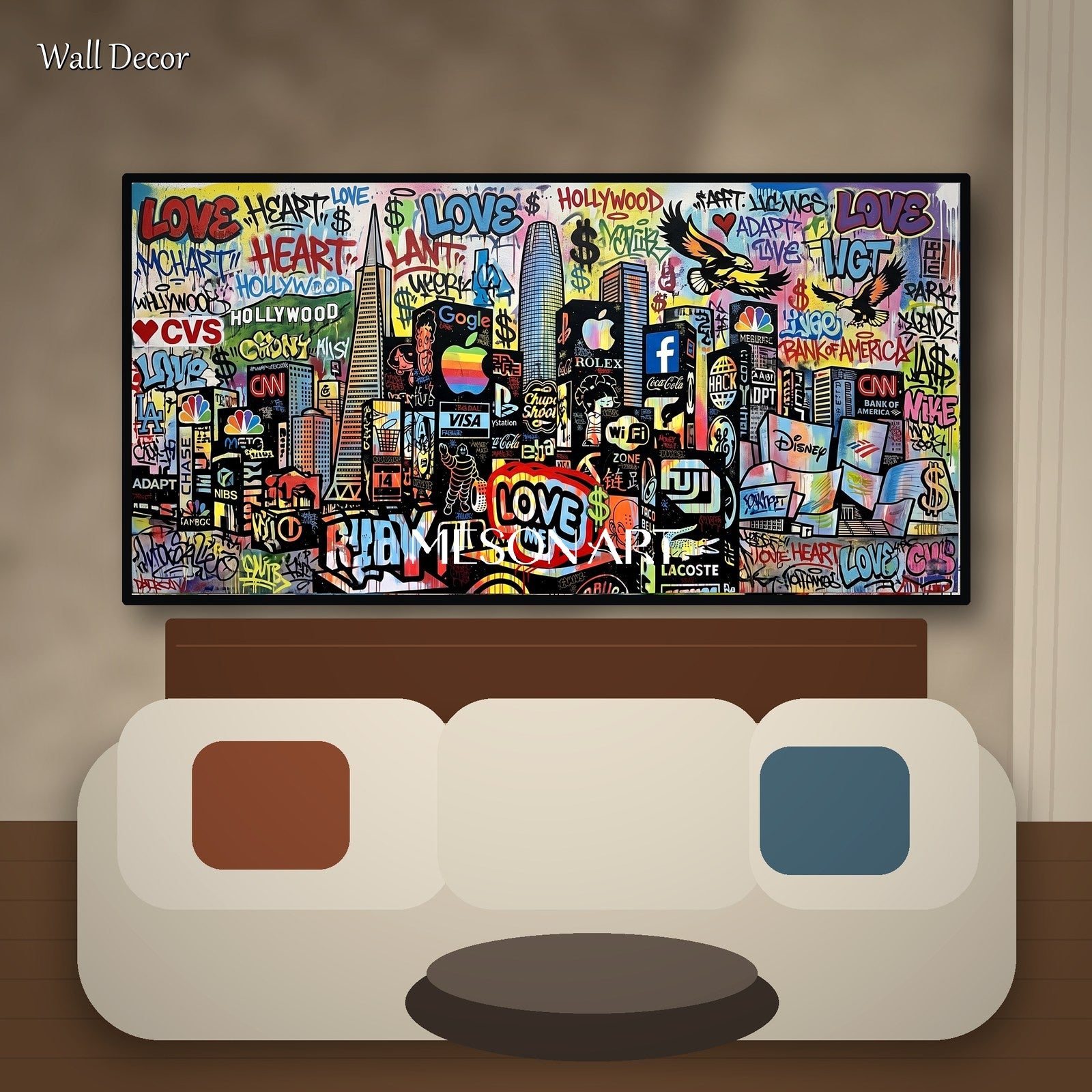 Black And Red Graffiti Paintings Banksy Style Panoramic Wall Art For Living Room By Mesonart