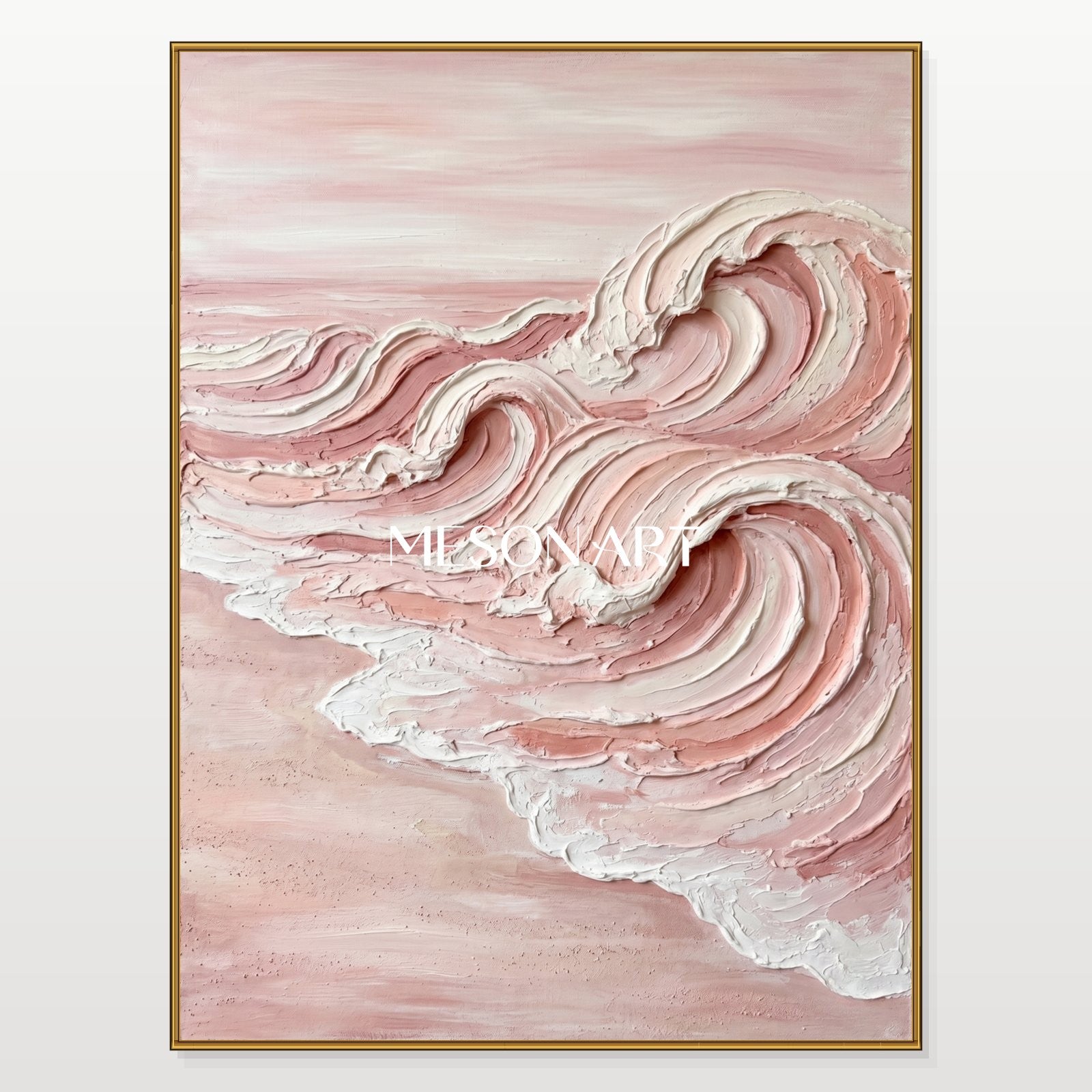 Pink Ocean Wave Painting With Thick Textured Plaster Finish For Modern Home Decor