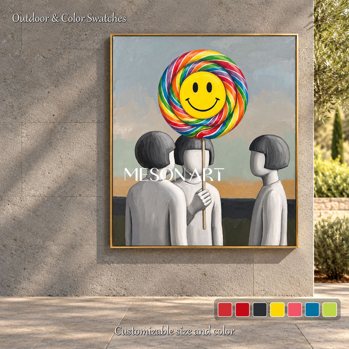Yellow And Gray Surrealist Painting Lollipop Rectangular Wall Art Original Artist By Mesonart