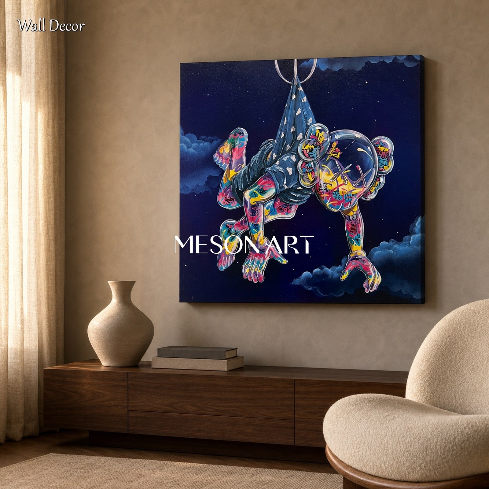 Vibrant Pop Art Painting With Surreal Graffiti Figure For Modern Living Room Decor