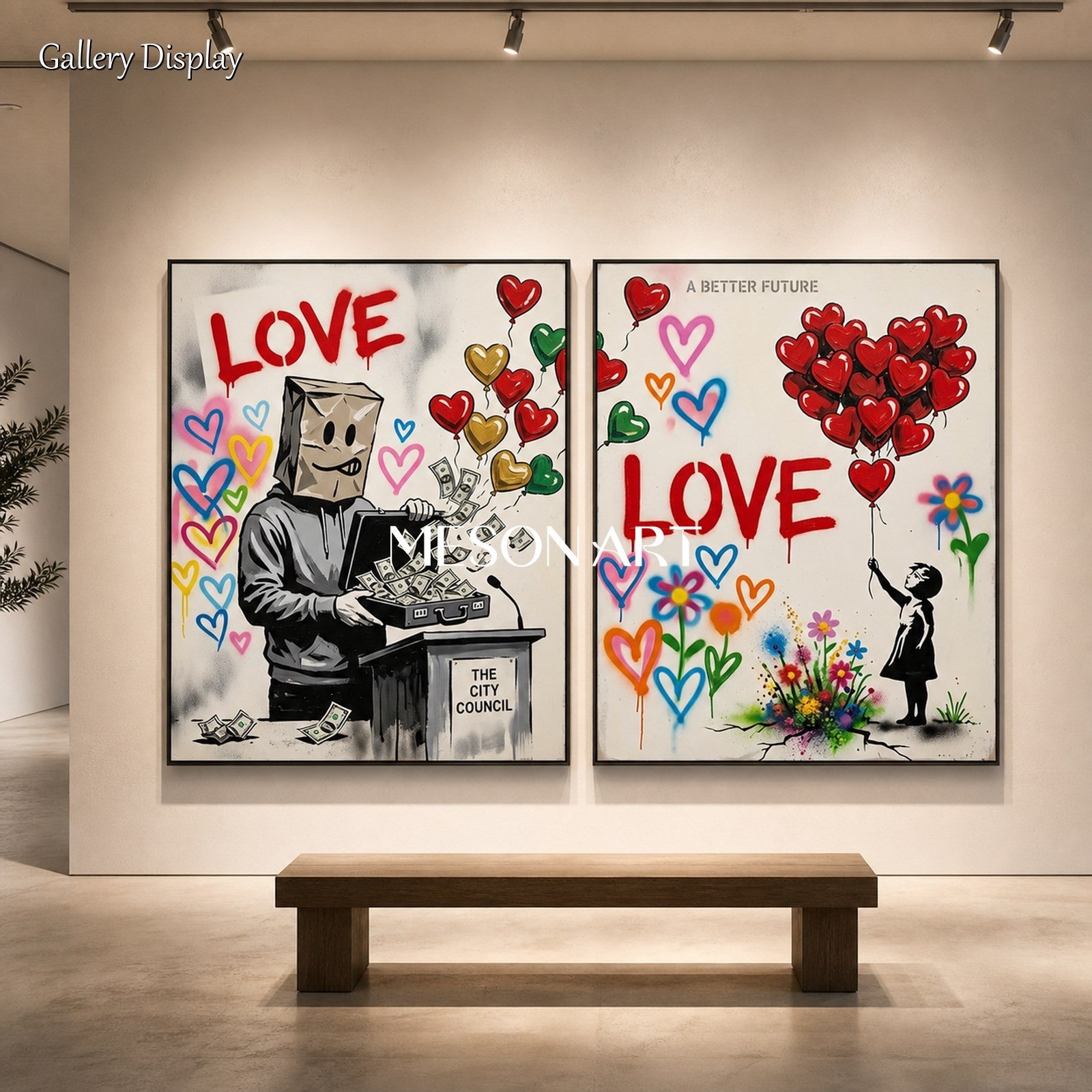 Red And Black Graffiti Painting With Heart Motif Rectangular Wall Art For Living Room By Mesonart