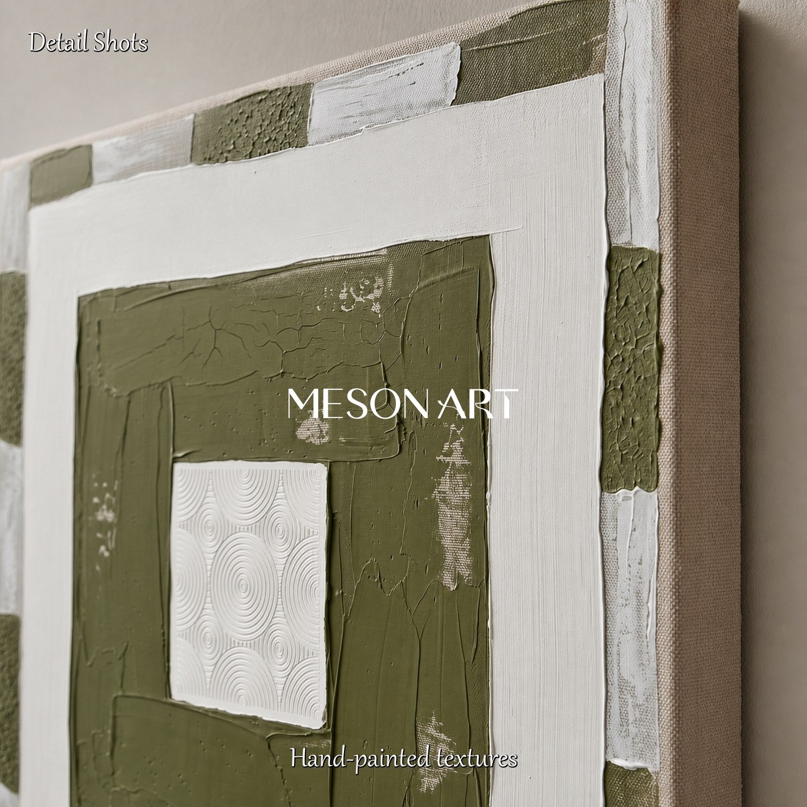 Original Green And White Minimalist Art With Textured Relief For Modern Home Decor