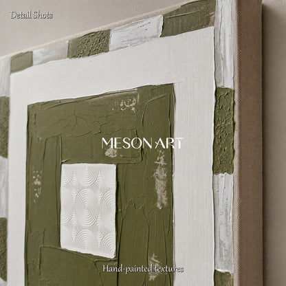 Original Green And White Minimalist Art With Textured Relief For Modern Home Decor