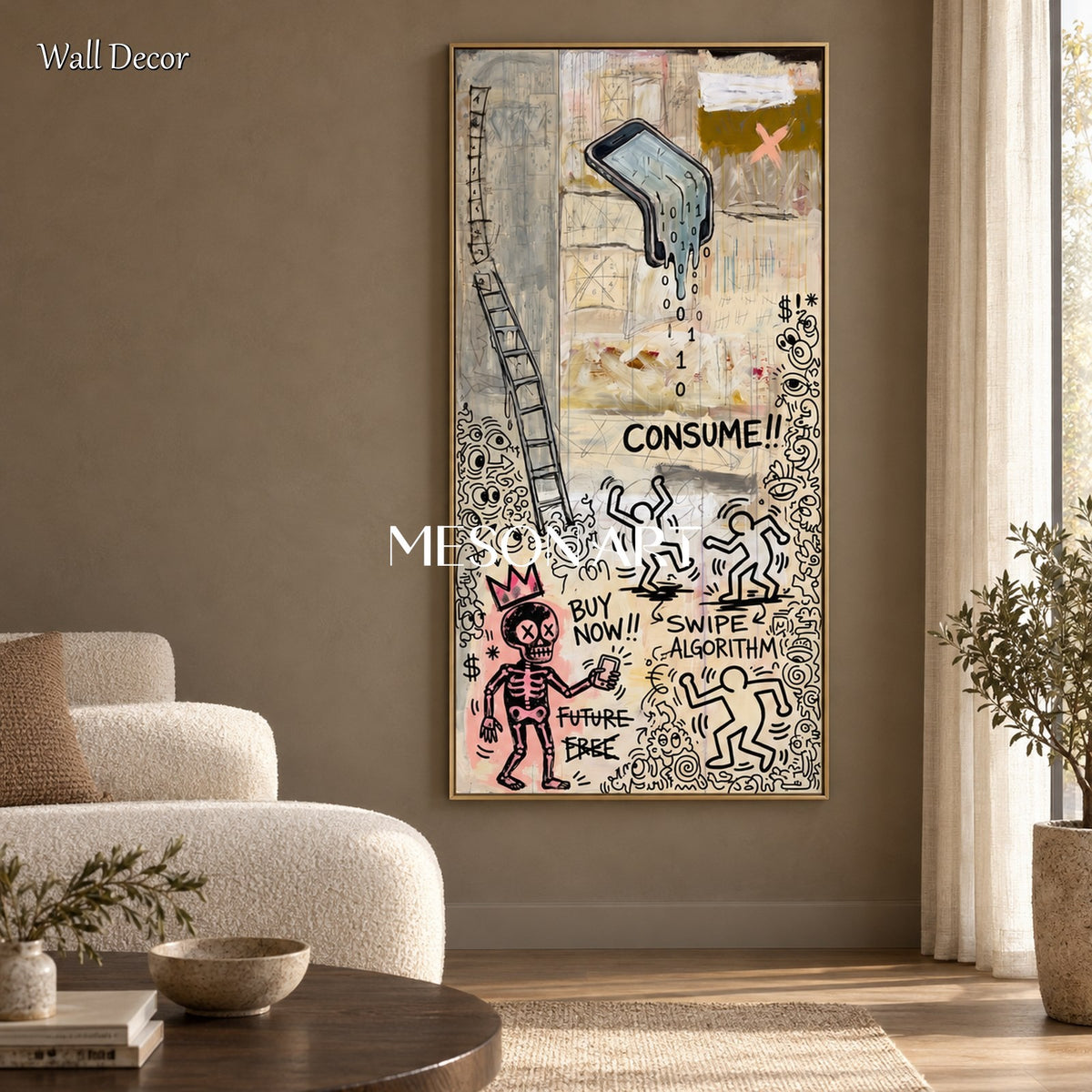 Beige And Black Abstract Graffiti Art Panoramic Wall Decor For Living Room Original Artist Hand Painted By Mesonart