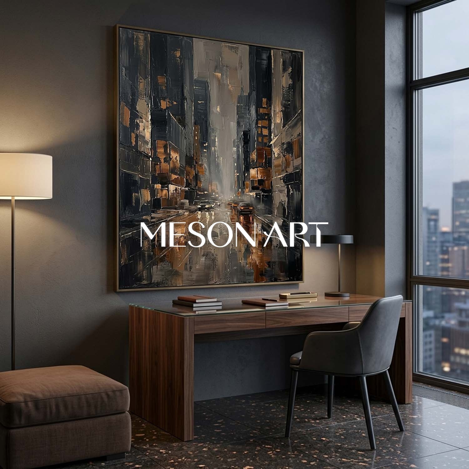 Abstract Cityscape Painting With Gold Accents For Modern Living Room And Office Decor