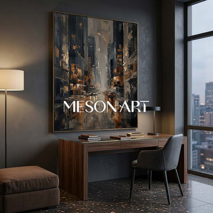Abstract Cityscape Painting With Gold Accents For Modern Living Room And Office Decor