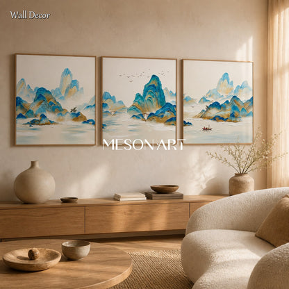 Blue Beige Modern Mountain Landscape Art Hand Painted Square Wall Decor By Mesonart