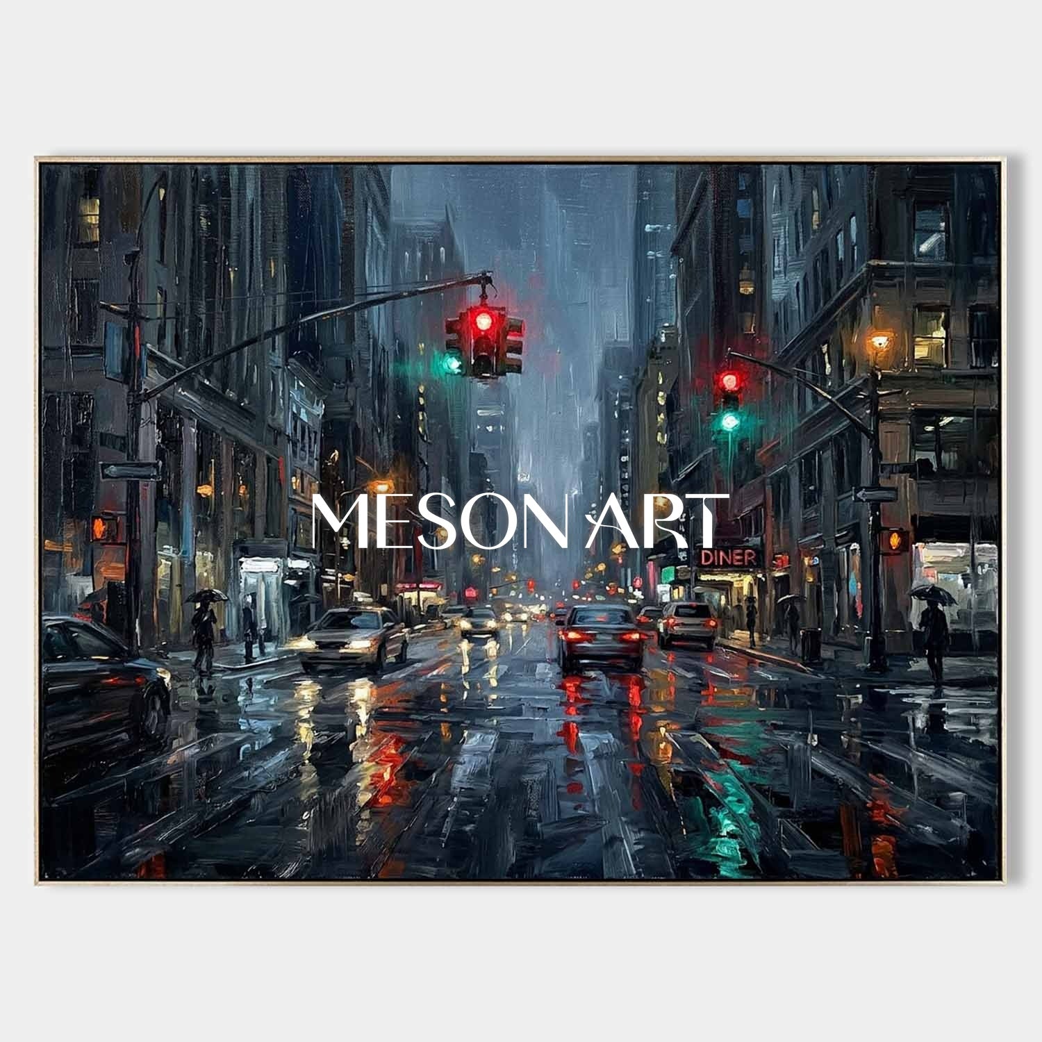 Abstract City Painting With Neon Lights And Rain Reflections For Modern Living Room Decor