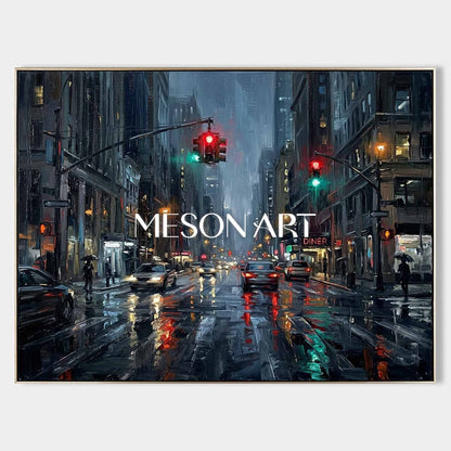Abstract City Painting With Neon Lights And Rain Reflections For Modern Living Room Decor